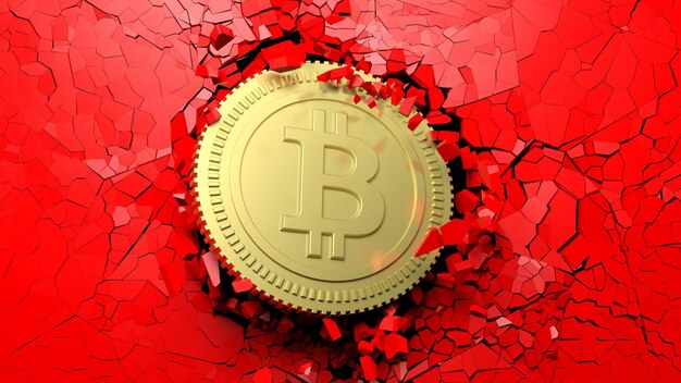 Bitcoin dorato che si rompe forzatamente attraverso un'illustrazione 3d della parete rossa