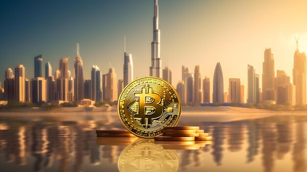 Bitcoin dorato con edifici sullo sfondo