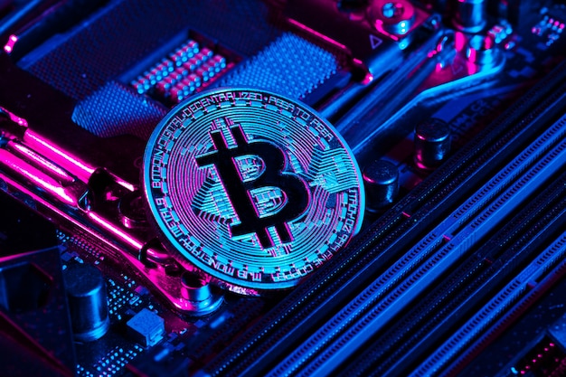 bitcoin dorato e chip per computer