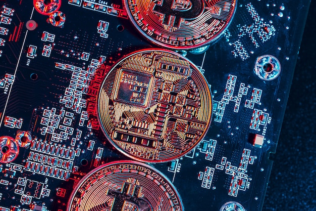 bitcoin dorato e chip per computer