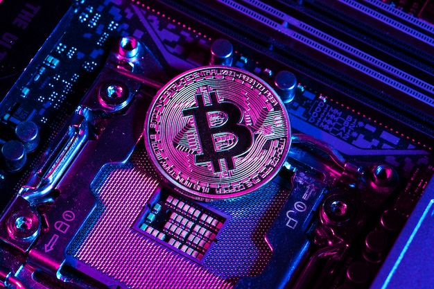 Bitcoin dorato e chip per computer