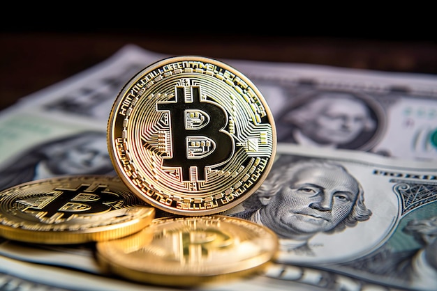 Bitcoin e dollari su uno sfondo scuro Cryptocurrency denaro digitale Generativa AI