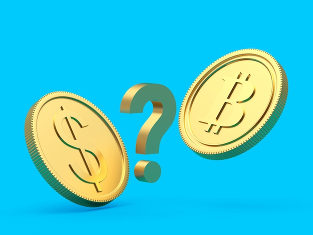 bitcoin e monete in dollari con un punto interrogativo 3d render