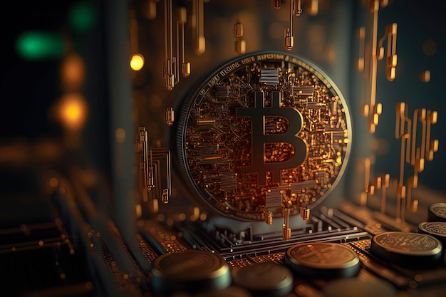 Bitcoin e nuovo concetto di denaro virtuale Bitcoin d'oro Tecnologia Blockchain
