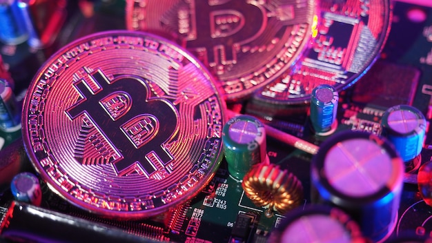 Bitcoin e semiconduttori. Rappresentare l'estrazione mineraria in criptovaluta causa il riscaldamento globale. Bitcoin sulla scheda CPU. Bitcoin del primo piano con luce blu e rosa. circuito stampato con moneta. Concetto di risorsa online.