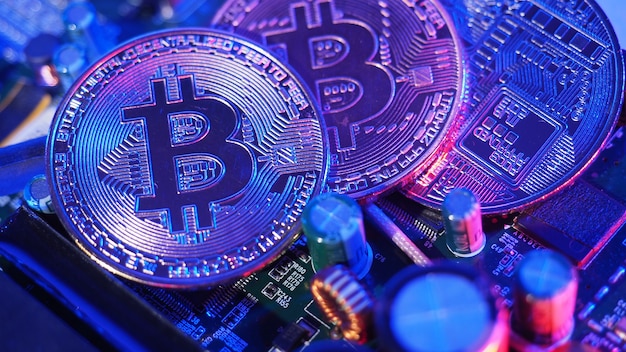 Bitcoin e semiconduttori. Rappresentare l'estrazione mineraria in criptovaluta causa il riscaldamento globale. Bitcoin sulla scheda CPU. Bitcoin del primo piano con luce blu e rosa. circuito stampato con moneta. Concetto di risorsa online.