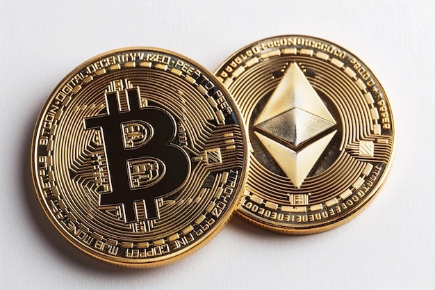 Bitcoin ed Ethereum su sfondo bianco