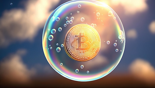 Bitcoin in bolla di sapone che vola su sfondo nuvola fragilità finanziaria della bolla di criptovaluta