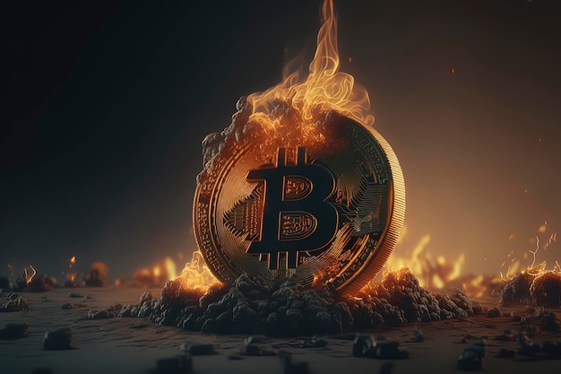 Bitcoin in fiamme con uno sfondo scuro AIGenerated
