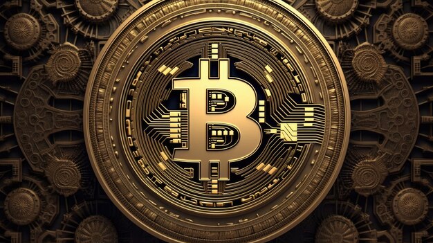 Bitcoin in oro su sfondo scuro nuovo denaro digitale Denaro digitale Decorare usando le proprie opere d'arte...