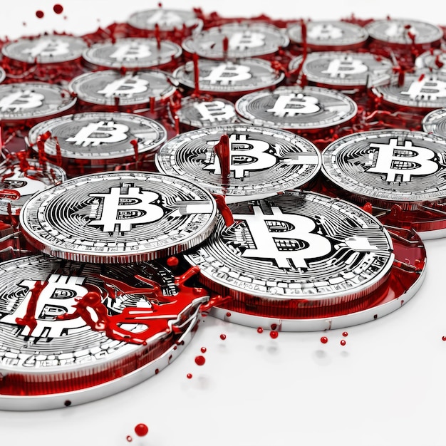 Bitcoin insanguinati in mezzo a una pila di criptovalute