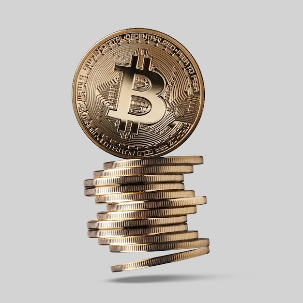 bitcoin is a gold coin and a stack of crypto-currencies in the form of steps on a gray background. growth and fall of the virtual currency, the high volatile currency market