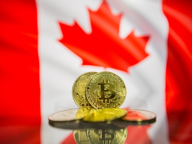 Bitcoin moneta d'oro e bandiera sfocata dello sfondo del Canada. Concetto di criptovaluta virtuale.