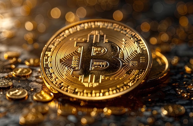 Bitcoin monete d'oro su sfondo nero concetto di valuta virtuale