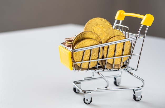 Bitcoin nel mini carrello per lo shopping online