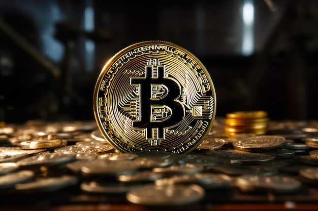 Bitcoin seduto in cima a una pila di monete d'oro e d'argento IA generativa