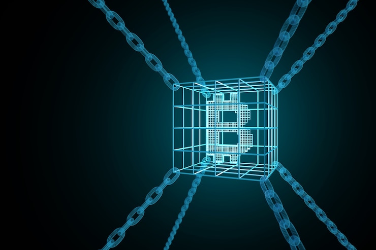 Photo bitcoin sign enclosed in chains. block chain concept.