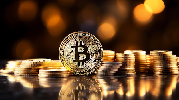 Bitcoin su sfondo astratto giallo con spazio di testo e elementi di design per campagne di marketing