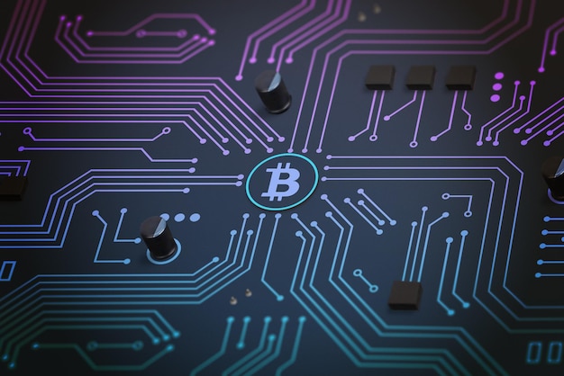 Bitcoin sulla scheda elettronica del circuito Concetto di rete blockchain del circuito digitale