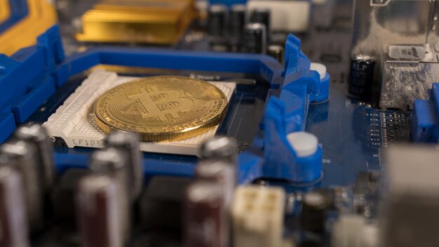 Bitcoin sulla scheda madre. Crypto valuta Oro Bitcoin - BTC - Bit Coin.