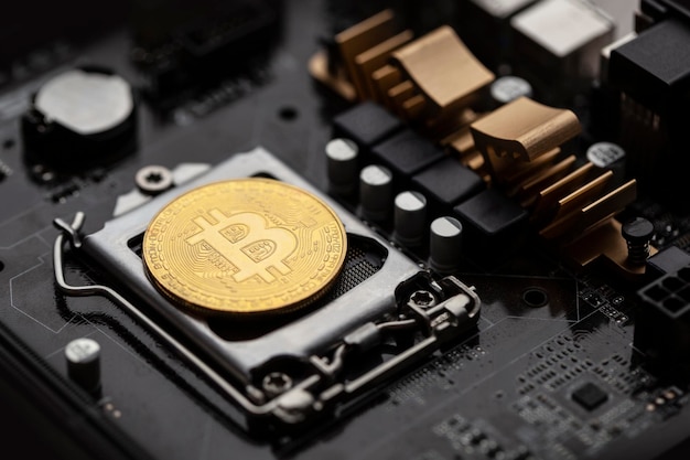 Bitcoin sulla vista dall'alto della scheda madre del computer