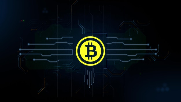 Bitcoin symbol on the processor Bitcoin cryptocurrency decentralized symbol mining on circuit board animation 3D Bitcoin and blockchain