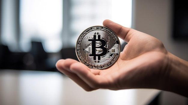 Bitcoin tenuto in mano su uno sfondo finanziario sfocato