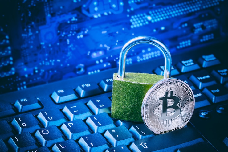 Photo bitcoin with padlock on computer motherboard.