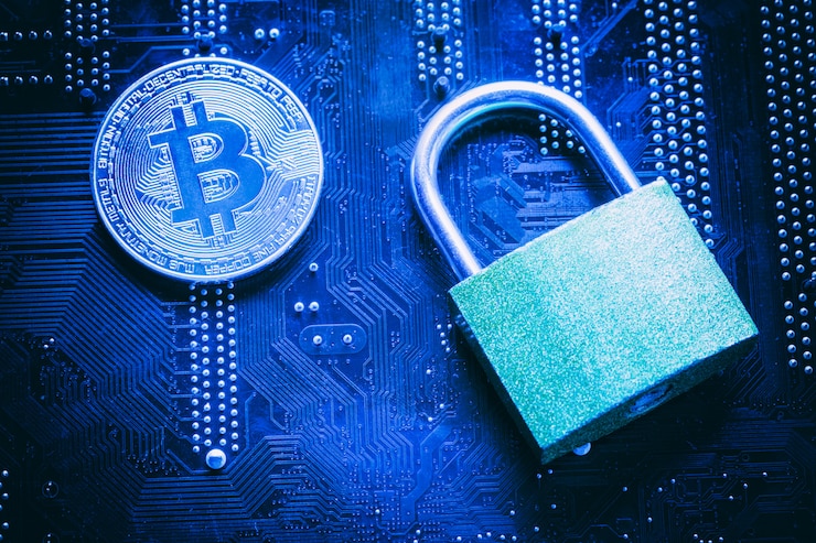 Photo bitcoin with padlock on computer motherboard.