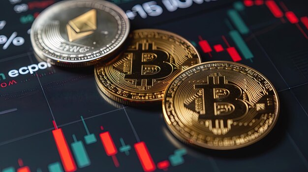 Bitcoins d'oro sullo sfondo del grafico di cambio ai generativo