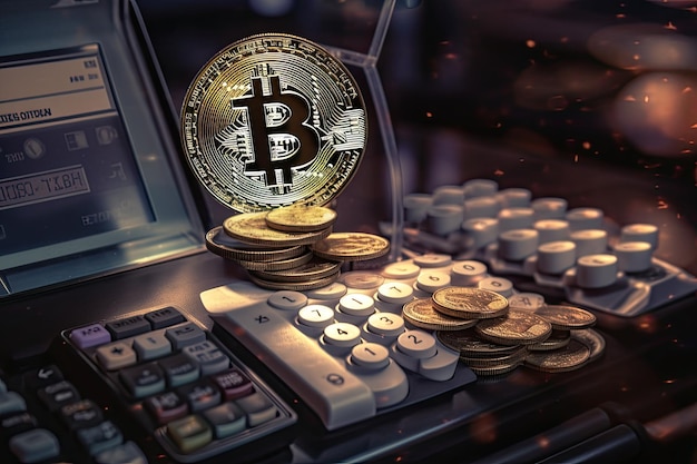 Bitcoins e calcolatrice sul tavolo Concept di criptovaluta e finanza Bitcoin criptovaluta di pagamento online di pagamento denaro digitale AI generato