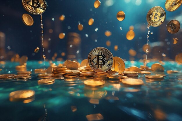 Bitcoins Un rendering 3D di monete galleggianti accanto a una barra del grafico