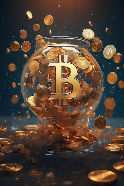 Bitcoins Un rendering 3D di monete galleggianti accanto a una barra del grafico