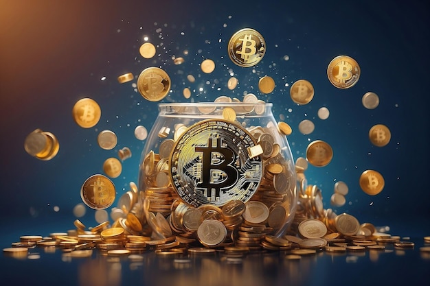 Bitcoins Un rendering 3D di monete galleggianti accanto a una barra del grafico