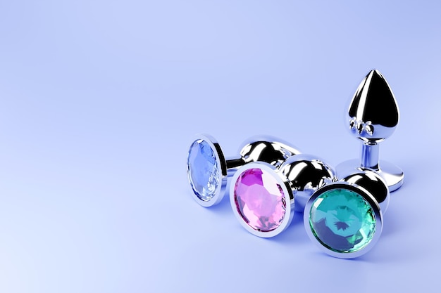 Black butt anal plugs giocattoli sessuali su sfondo blu isolato illustrazione 3D Spazio vuoto per il testo