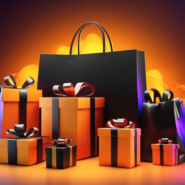 Black Friday con borsa per la spesa e confezione regalo Concetto di shopping online nel Black Friday