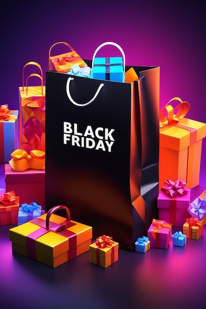 Black Friday con borsa per la spesa e confezione regalo Concetto di shopping online nel Black Friday