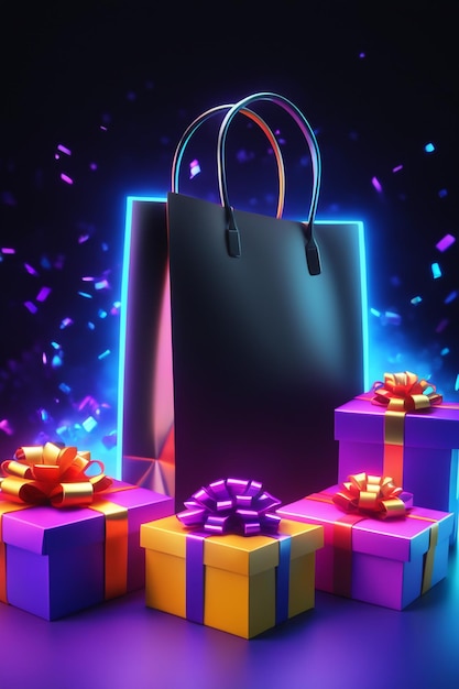 Black Friday con borsa per la spesa e confezione regalo Concetto di shopping online nel Black Friday