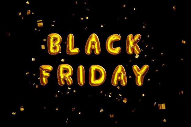 Black Friday fatto di palloncini gonfiabili dorati su sfondo nero con rendering 3d di coriandoli dorati