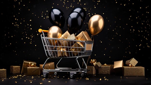 Black Friday Sale e concetti di shopping online Mini Shopping Cart Carrying con Multi Black