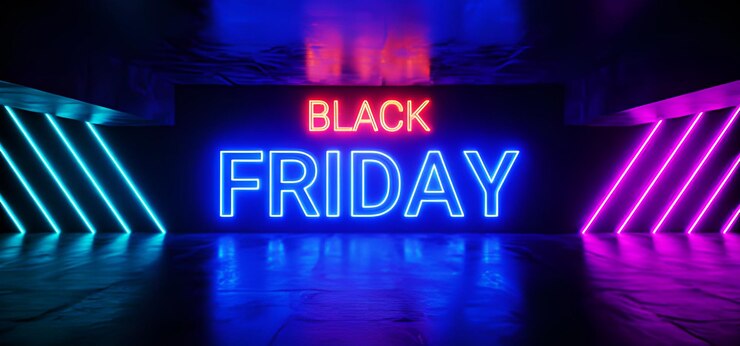 Black Friday Sci Fi Futuristico Moderno Neon Rosa Rosso Blu Glowing Neon Tube Sign Su Grunge Riflettente