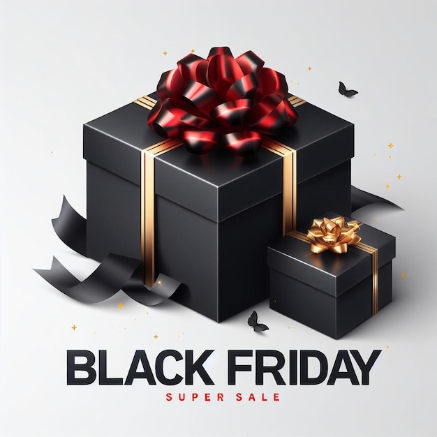 Black Friday Super Sale Scatole regalo nere realistiche Pattern con scatola regalo con fiocco rosso