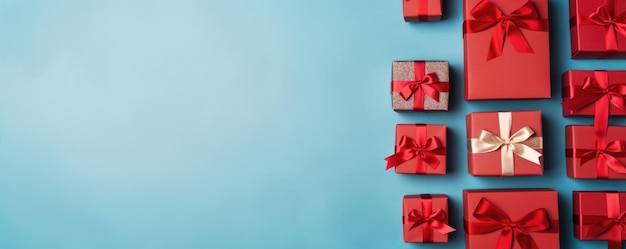 Black Friday Vista dall'alto scatole di Natale con nastro su sfondo blu con spazio per la copia Ai generativa