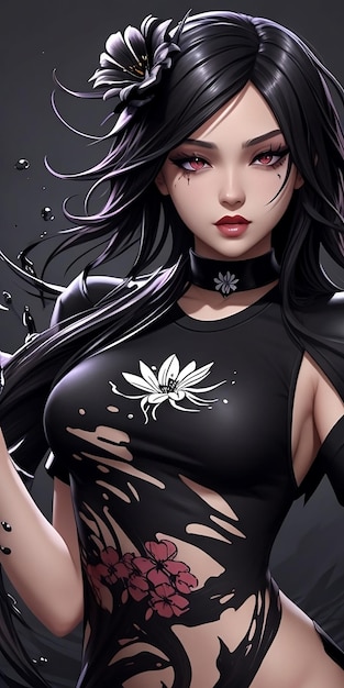 Black Lily Girl Splash Art in tonalità scura per il design estetico della maglietta