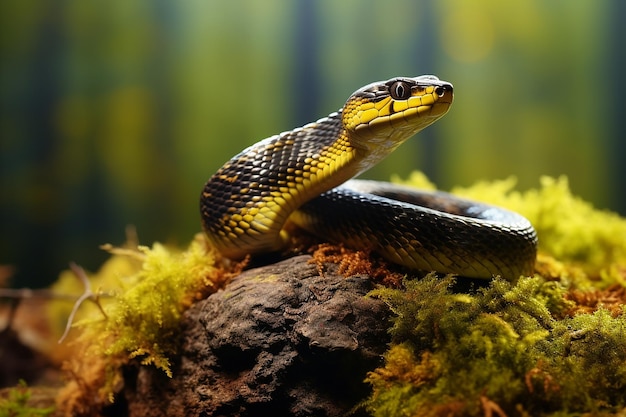 Black Mamba Snake sembra pericoloso su una roccia muschiosa in una giornata luminosa