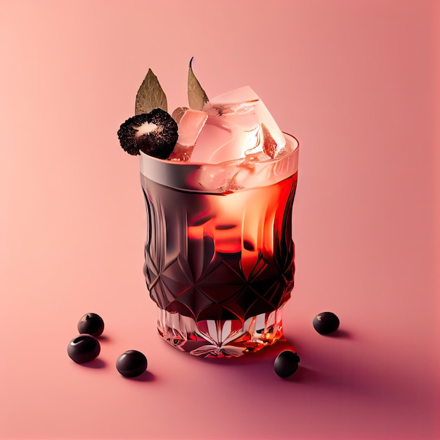 Black Russian Alcohol Cocktail su sfondo rosa Coffee Coctail Abstract Generative AI Illustration