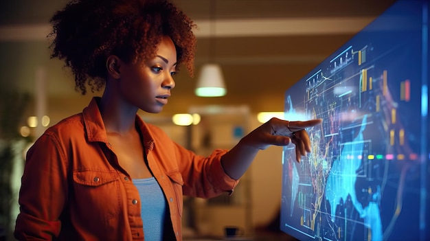 Black Woman che utilizza il pannello di realtà aumentata nel futuro dell'ufficio al lavoro Rete di cloud computing ai