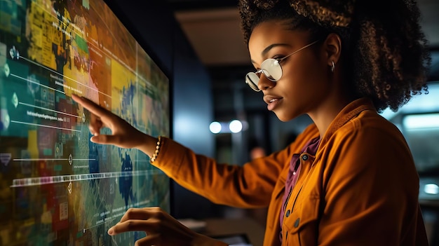 Black Woman che utilizza il pannello di realtà aumentata nel futuro dell'ufficio al lavoro Rete di cloud computing ai