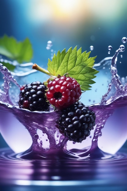 Blackberry spruzzato in acqua colorata sfondo naturale da vicino