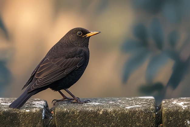 Blackbird appoggiato graziosamente su un rustico basso muro di pietra